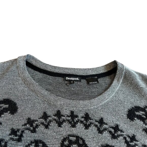 Desigual Grey Pullover Sweater Bohemian Print Stud Stretch Wool Blend Sz Medium - Picture 10 of 12